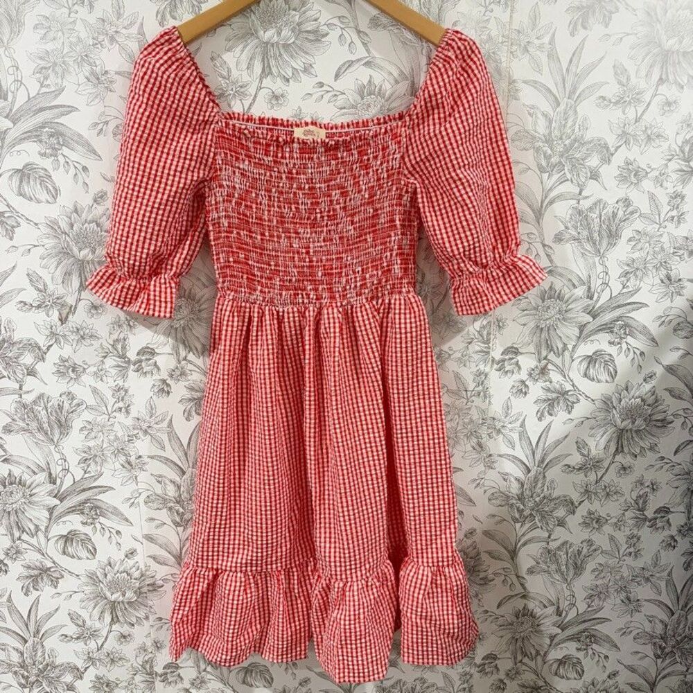 If She Loves Dress Red White Gingham Coquette Puff Ruffle Sleeve Smocked Check S